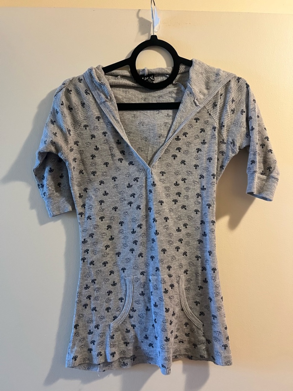 Wet Seal Gray Hooded Waffle Knit Tunic with Mini Mushroom Print